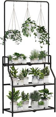 3 Tier Hanging Metal Plant Stand Black  Indoor Outdoor Flower Pot Shelf Rack