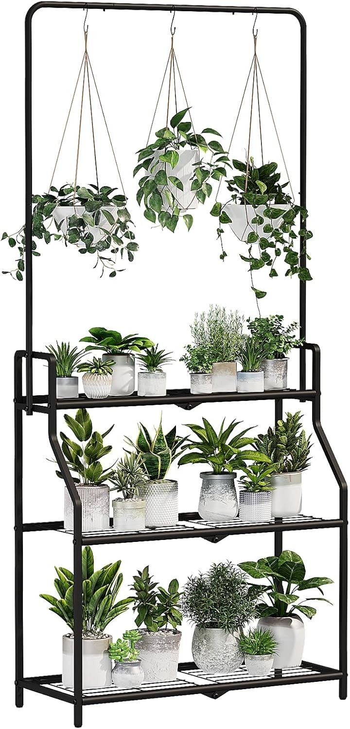 3 Tier Hanging Metal Plant Stand Black  Indoor Outdoor Flower Pot Shelf Rack