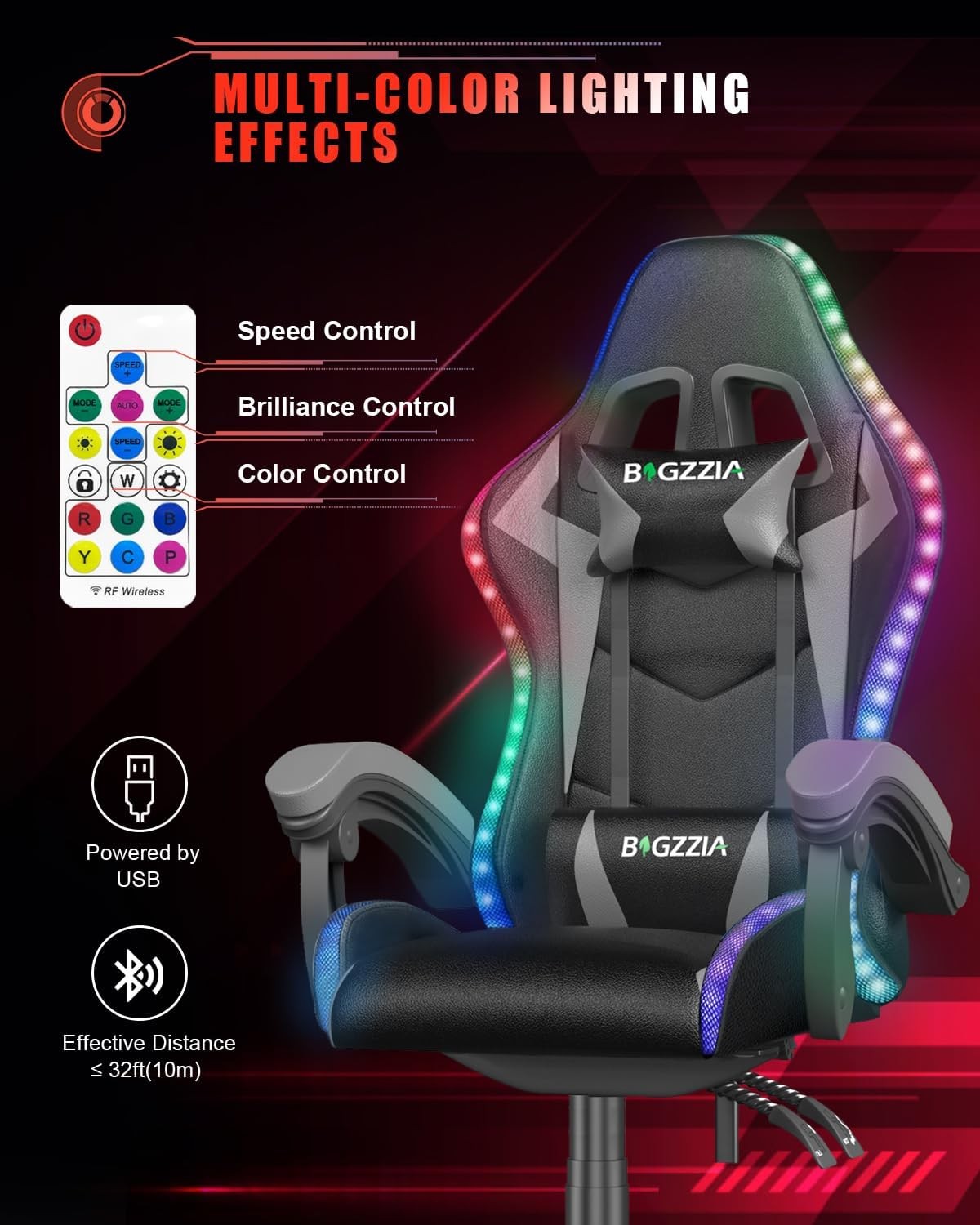 Ergonomic LED Gaming Chair with Footrest & Lumbar Support – Gray High-Back