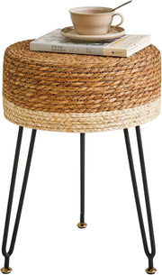 Natural & White Seagrass Footstool Round Woven Pastoral Stool 32×32×45cm