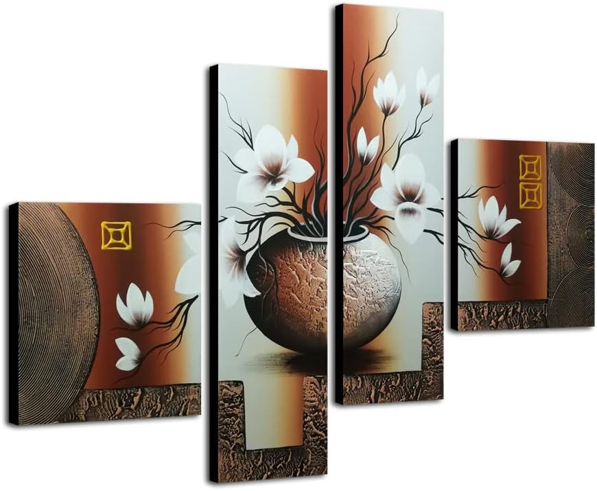 Large 4 Panel Floral Oil Painting Canvas Wall Art Hand Painted