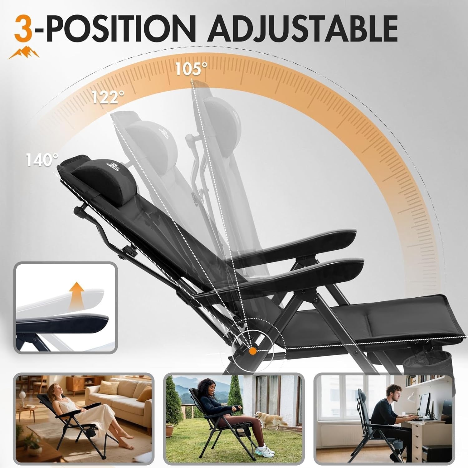 Reclining Folding Camping Chair Padded Heavy Duty 160KG XL with Cup Holder