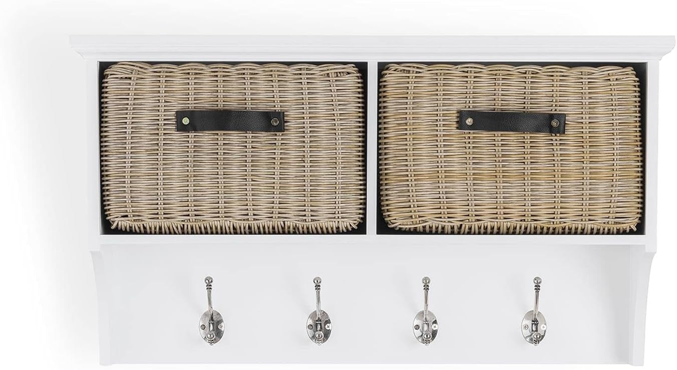 White Wall Mounted Coat Rack with Baskets & Hooks Hallway Storage Shelf Unit