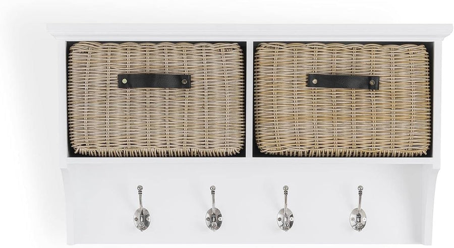 White Wall Mounted Coat Rack with Baskets & Hooks Hallway Storage Shelf Unit