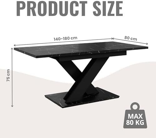 Extendable Black Royal Marble Dining Table 140-180cm Modern Foldable Kitchen