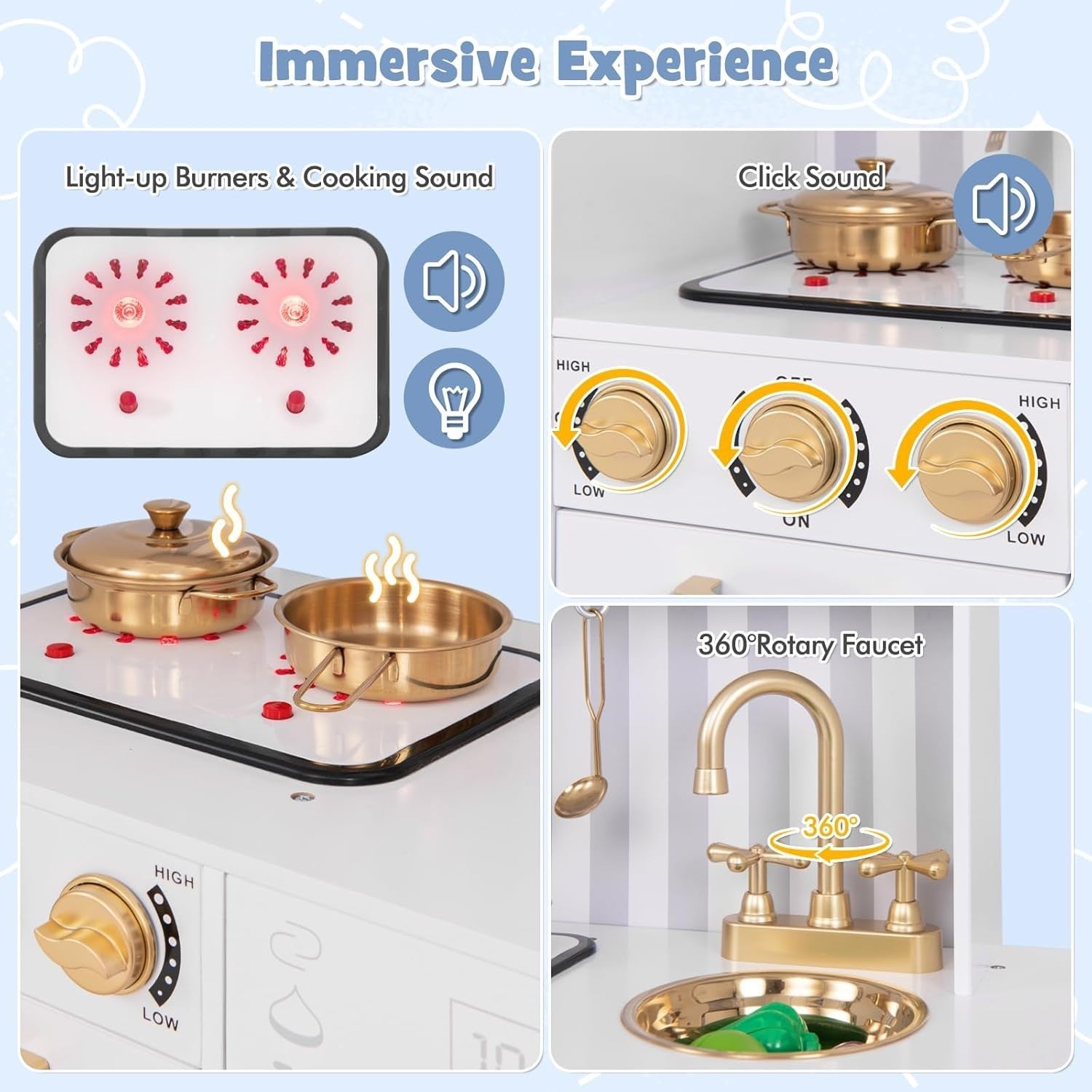 Kids Wooden Play Kitchen Lights Sounds Water Dispenser White Gold
