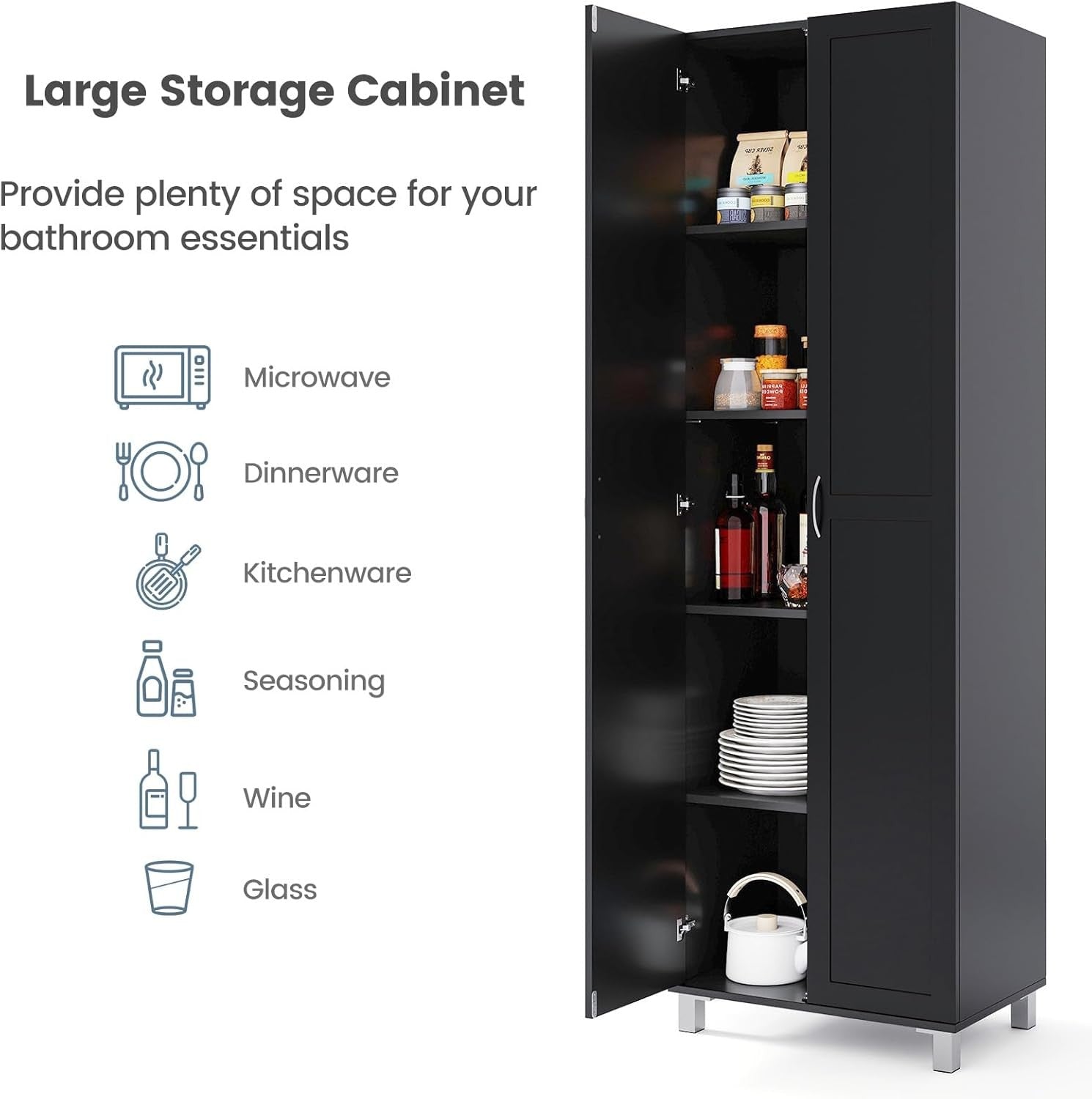 Tall Black Storage Cabinet 2 Door Cupboard | Adjustable Shelves Freestanding Uni
