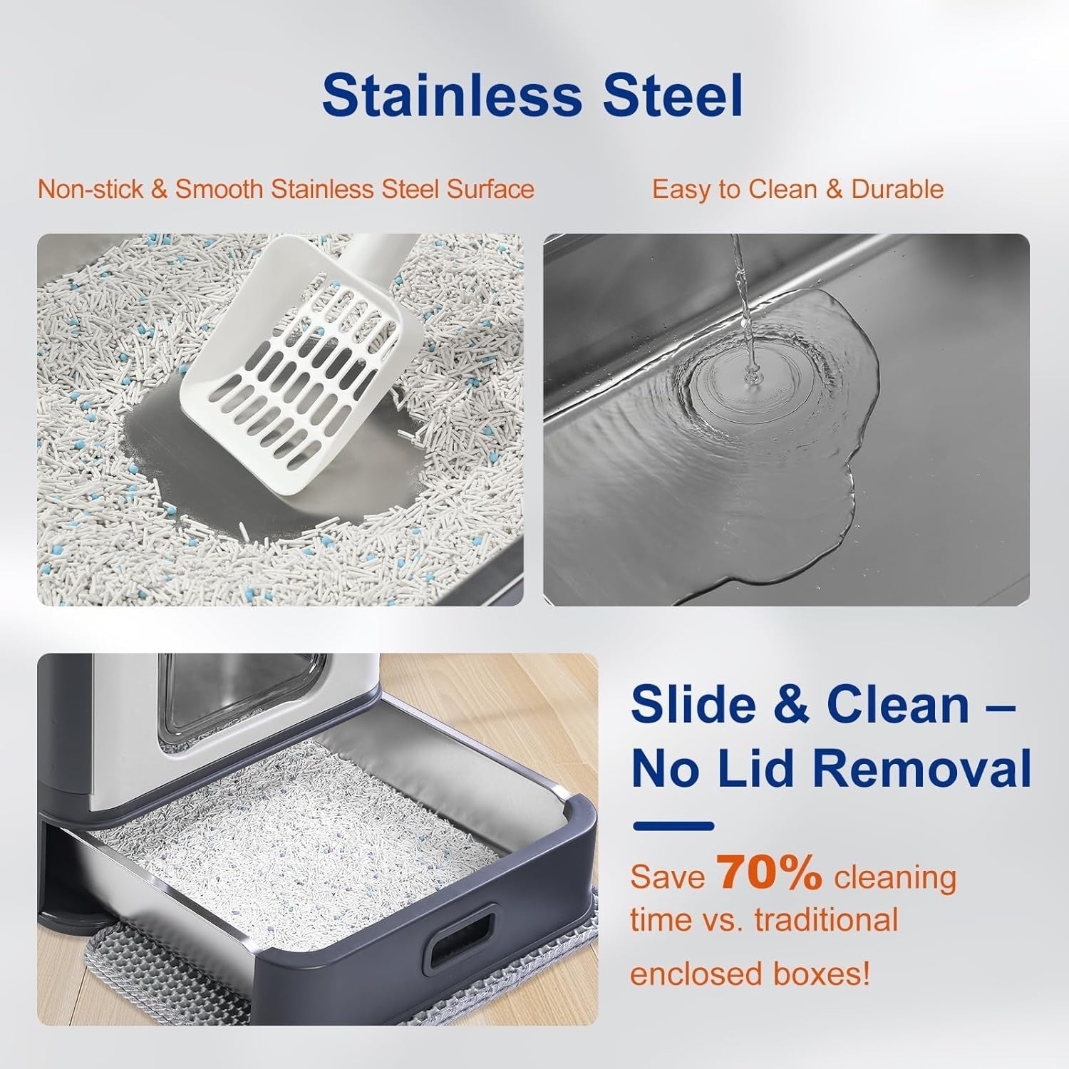 Stainless Steel Cat Litter Box Covered Drawer Top Entry Anti Leak Tray