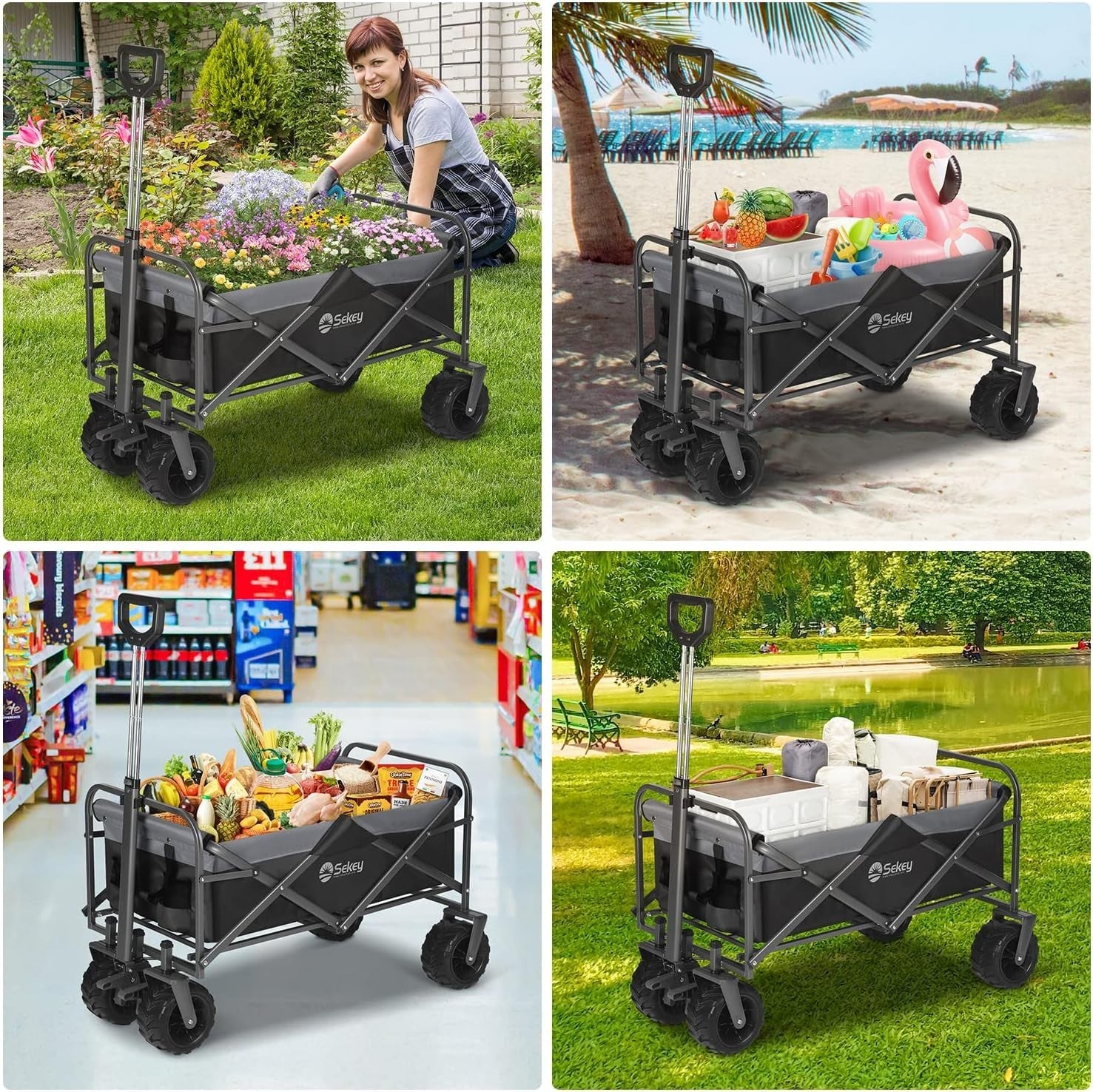 Black/Grey Heavy Duty Folding Wagon 440lb Trolley Cart w/ Wide Wheels & Brake