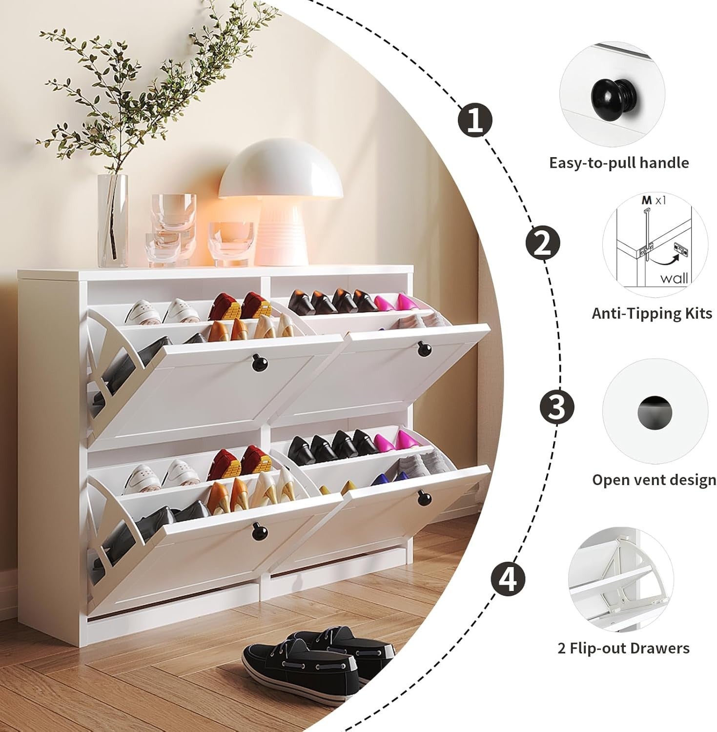 White 4-Drawer Shoe Cabinet Cupboard w/ Adjustable Shelf & Anti-Tip 105cm