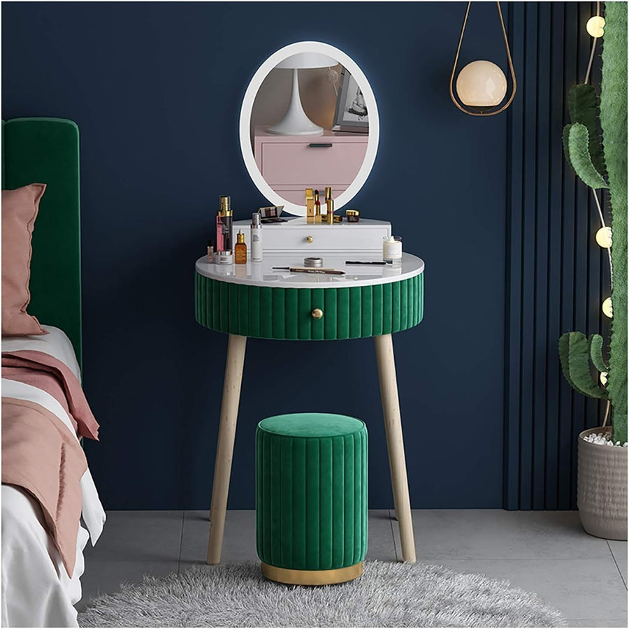 Green Makeup Vanity Dressing Table Set w/ Velvet Stool Storage Drawers Metal Fra
