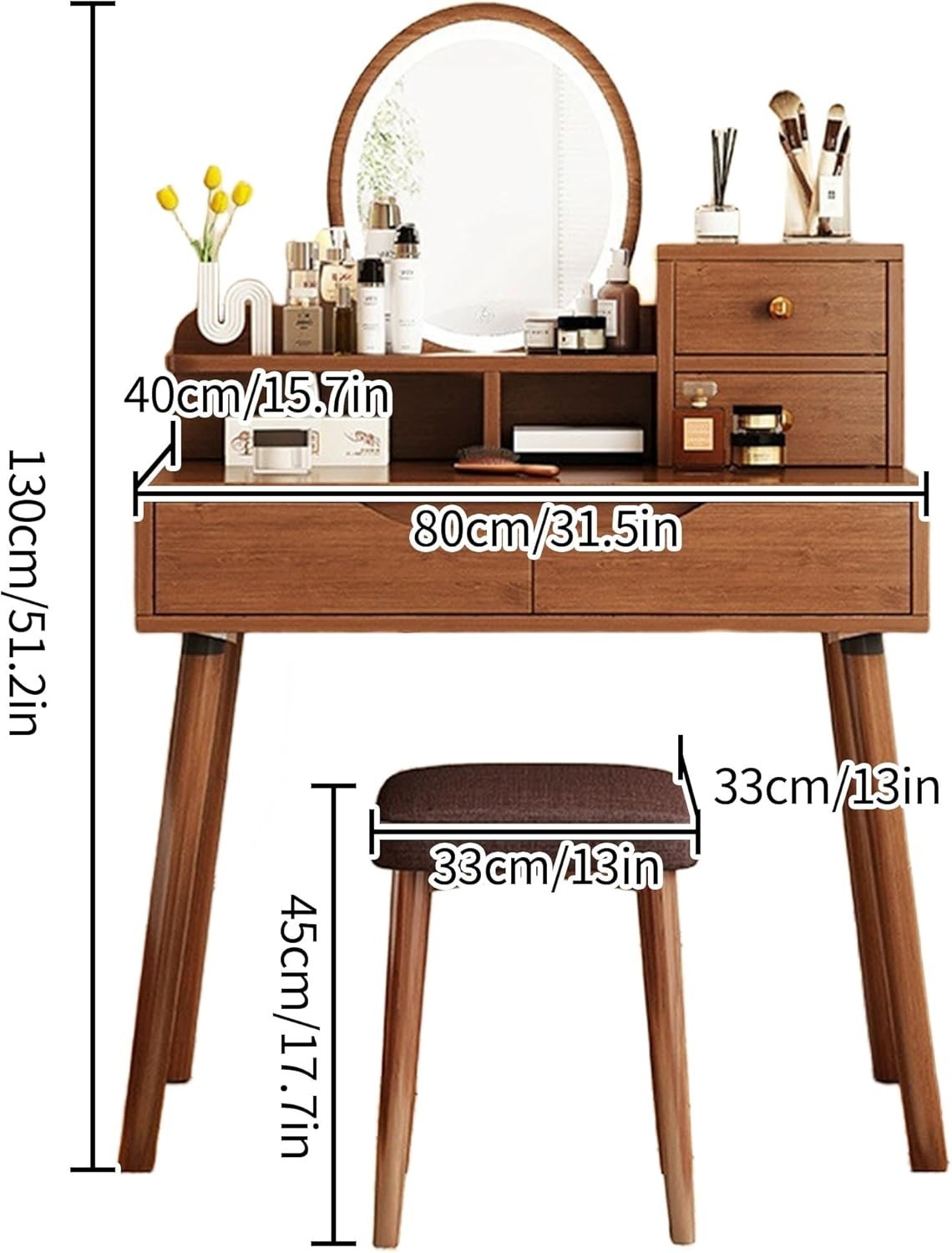 Vanity Makeup Dressing Table Desk w/LED Mirror & Storage Drawers Walnut Wood