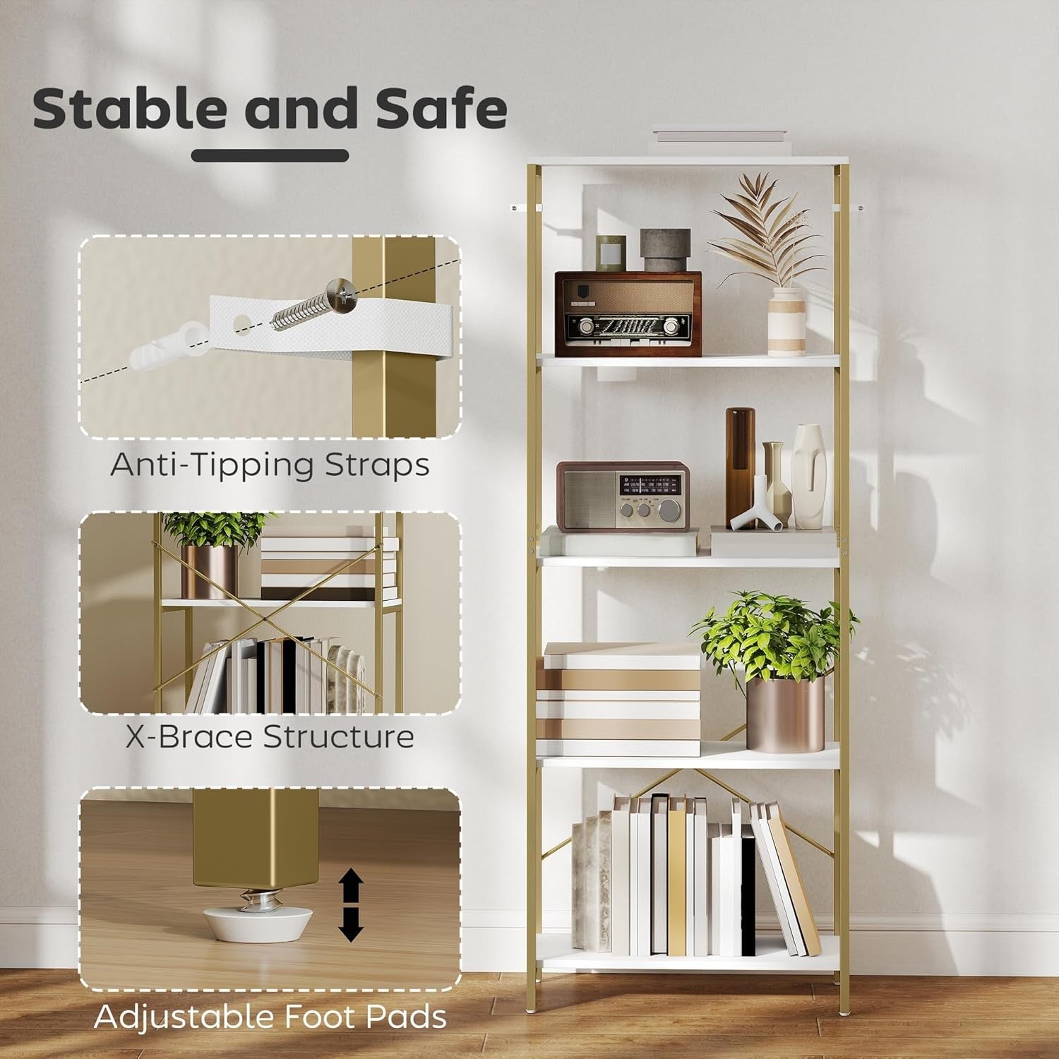 White & Gold 5-Tier Modern Bookcase Tall Metal Frame Open Display Shelf Unit