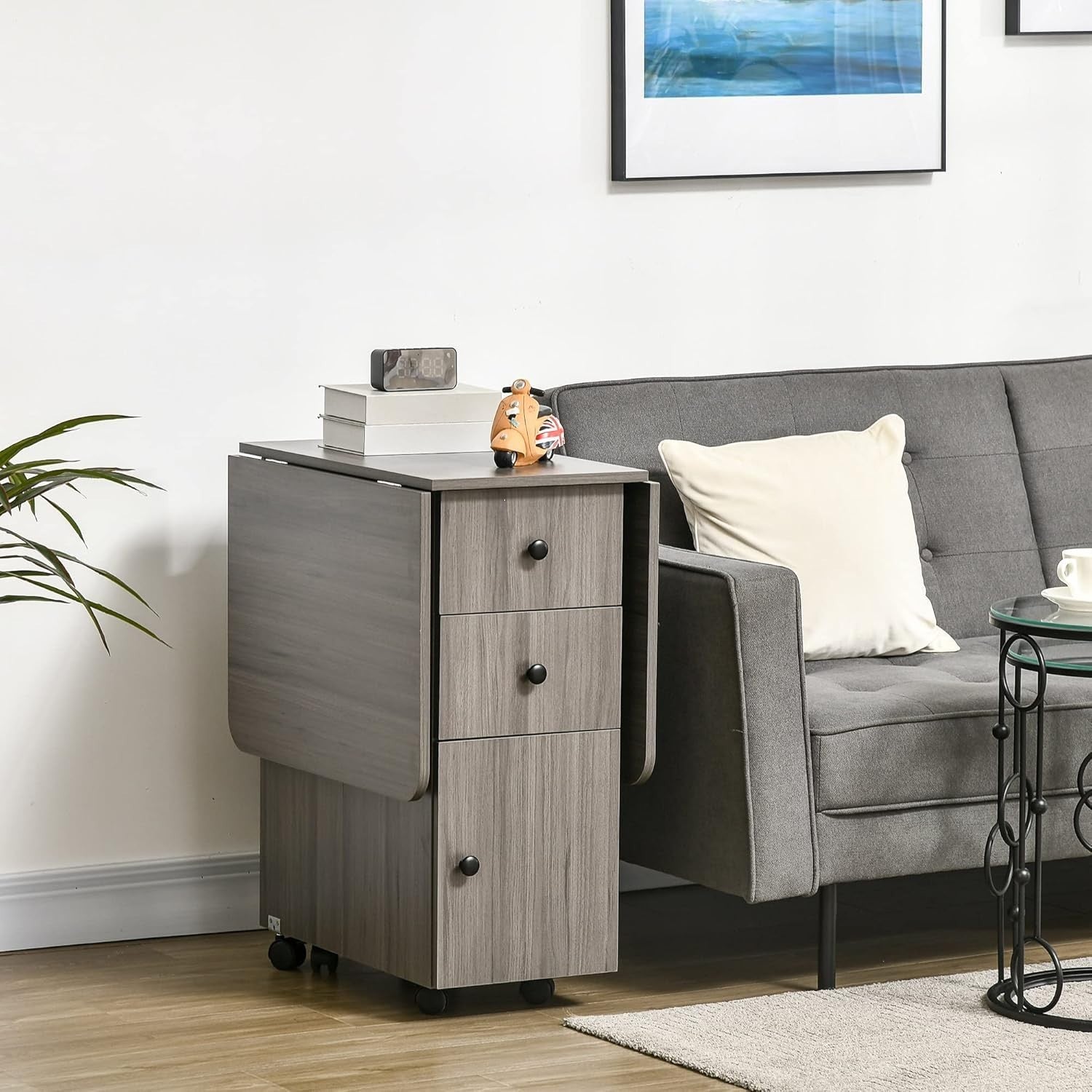 Folding Drop Leaf Dining Table 4-6 Seater on Wheels with Storage Grey