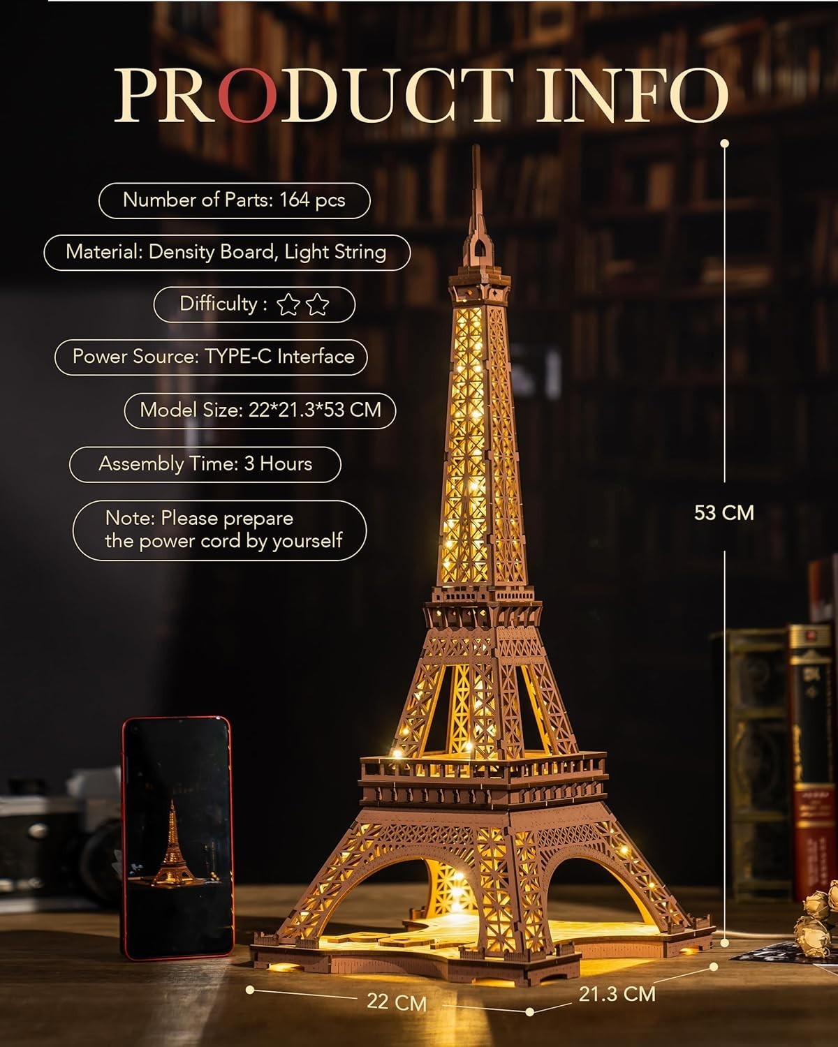 3D Eiffel Tower Puzzle with Lights DIY Model Kit for Adults & Kids