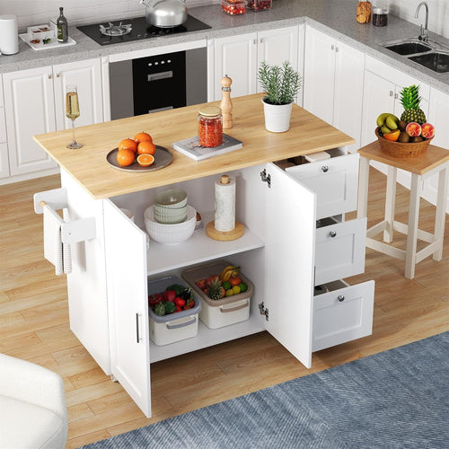 Kitchen Island Trolley on Wheels with Foldable Tabletop Storage Drawers