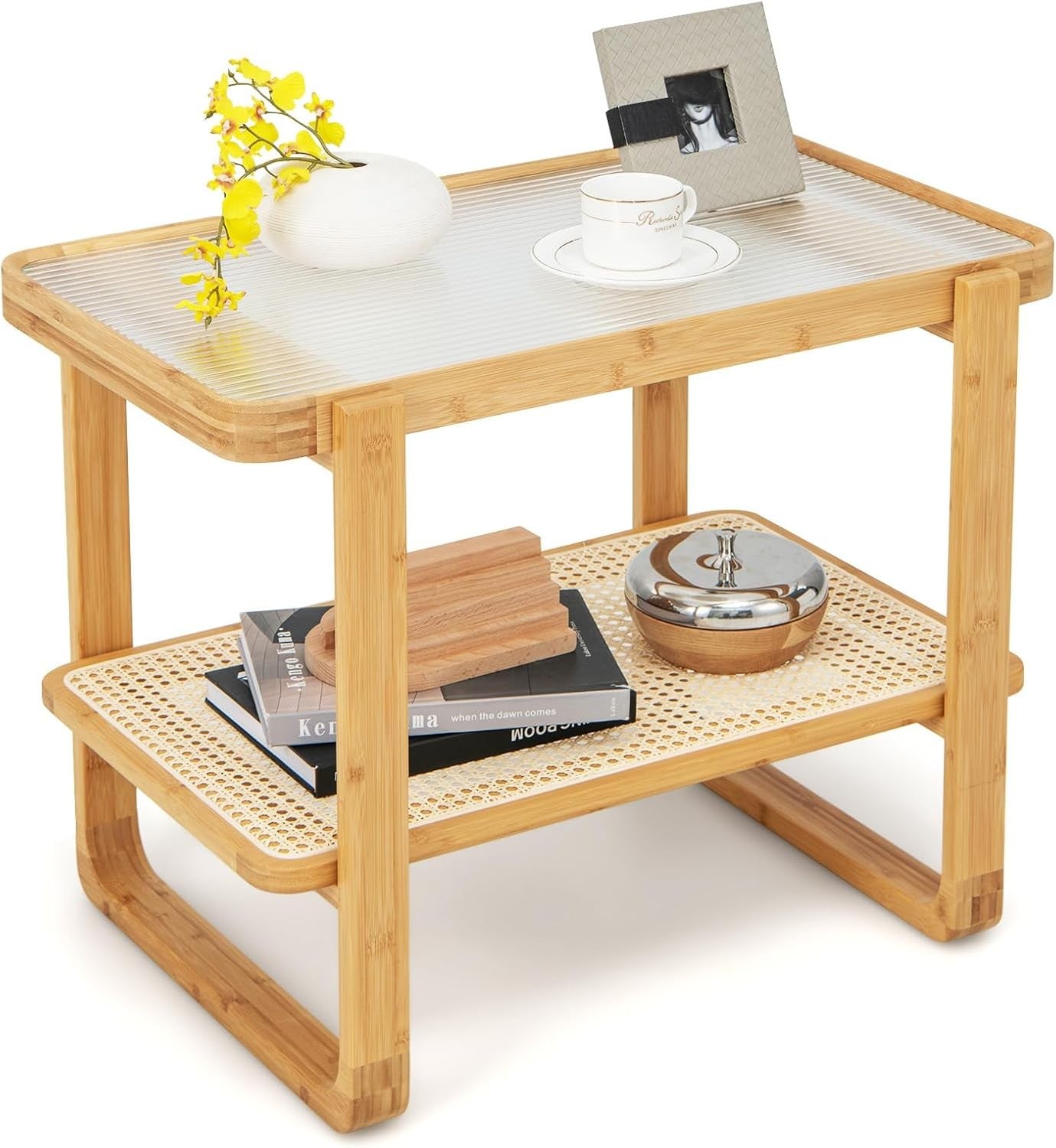 Modern Bamboo Side Table with Tempered Glass Top, 2-Tier Storage Shelf 70x44x55c