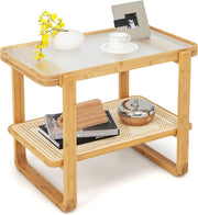 Modern Bamboo Side Table with Tempered Glass Top, 2-Tier Storage Shelf 70x44x55c