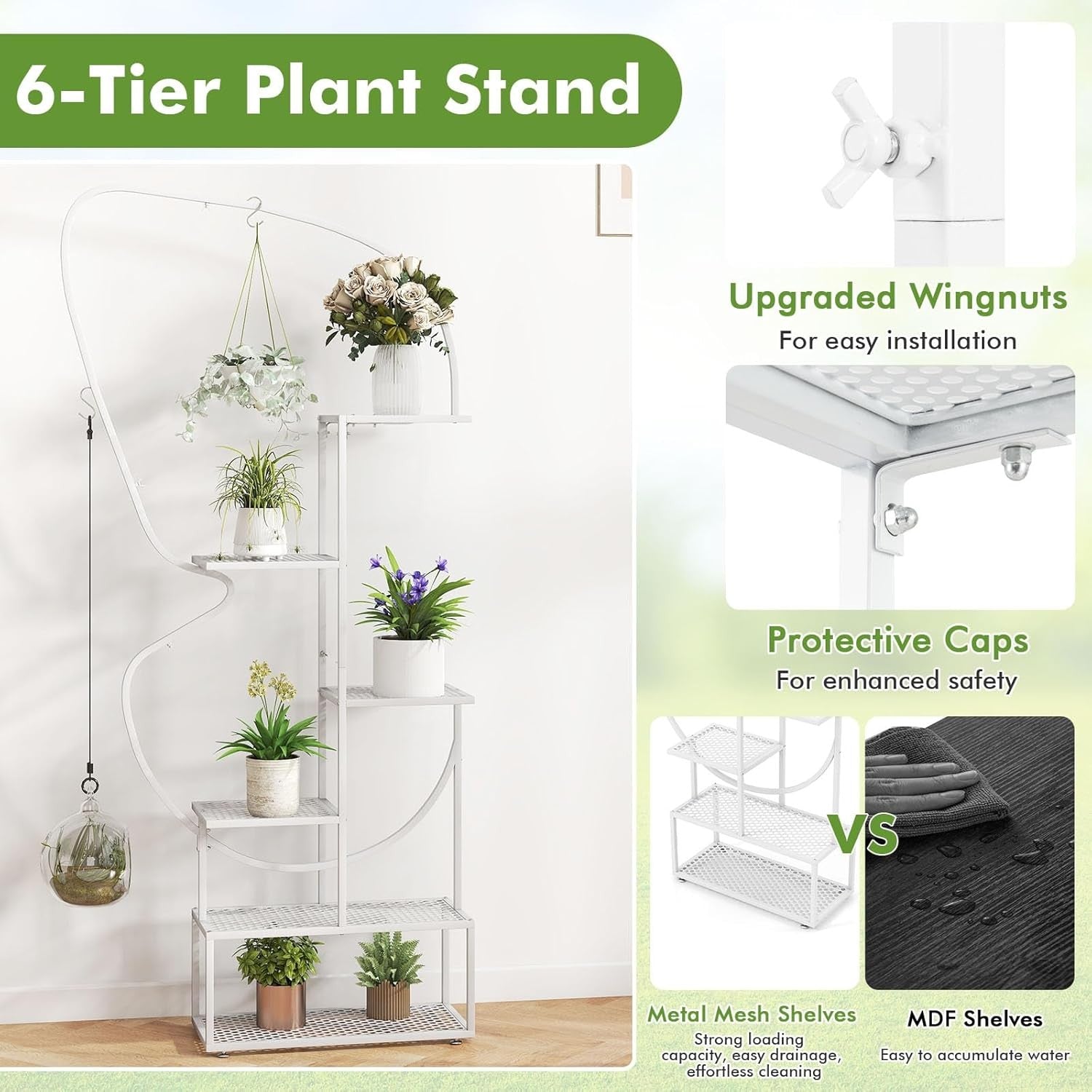 6 Tier White Metal Plant Stand Butterfly Shape Tall Indoor Outdoor Flower Shelf