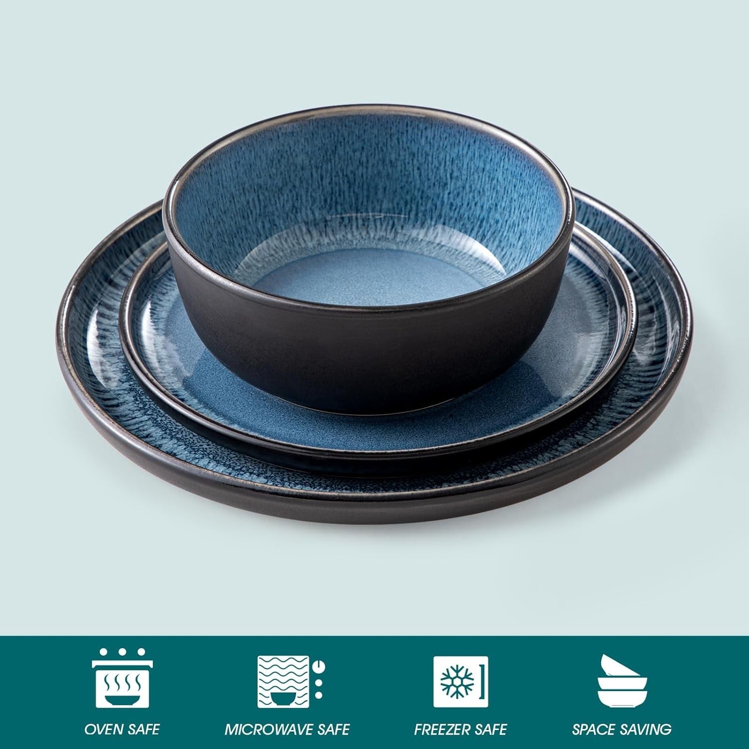 12pc Blue Stoneware Dinner Set Reactive Glaze Plates Bowls Microwave Safe