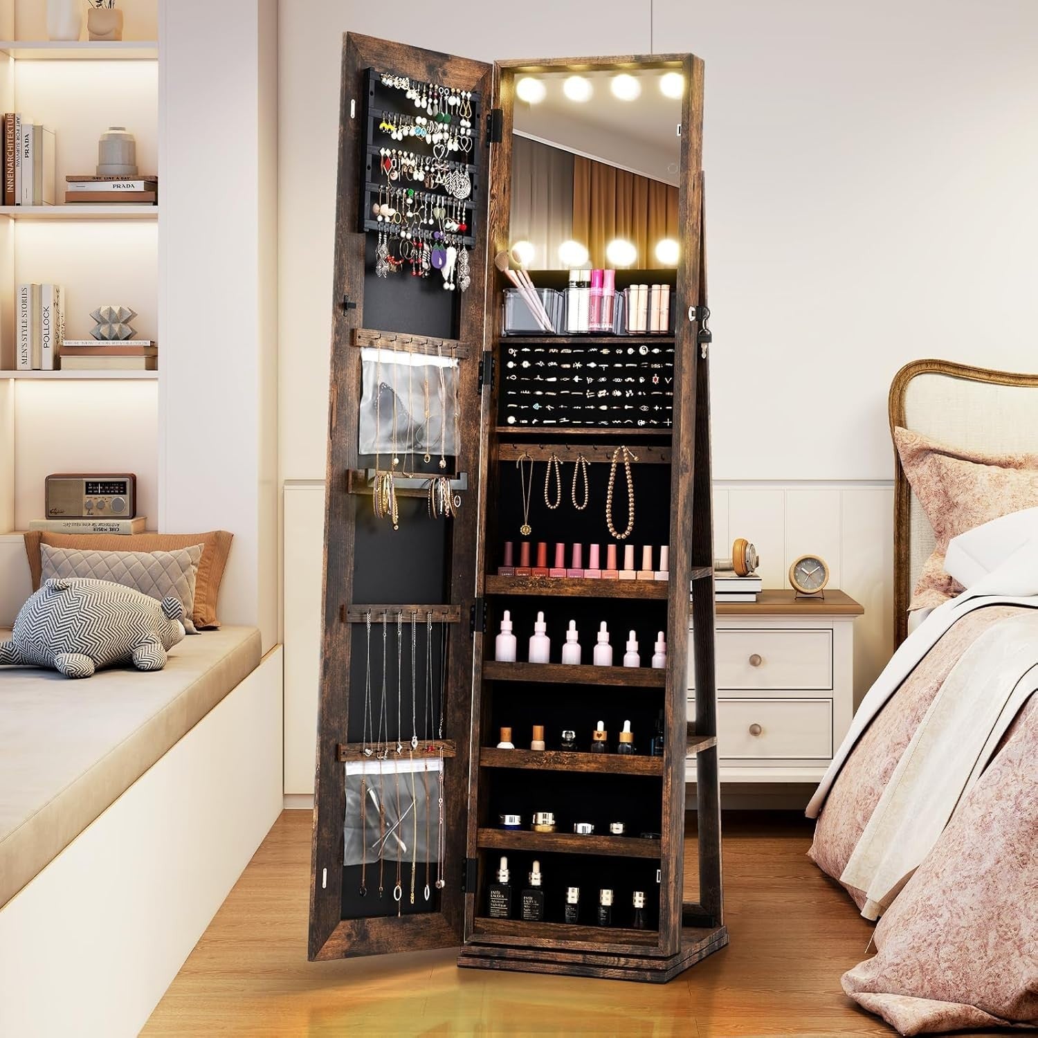 Rotating Jewelry Cabinet LED Mirror Lockable Freestanding Storage Organizer