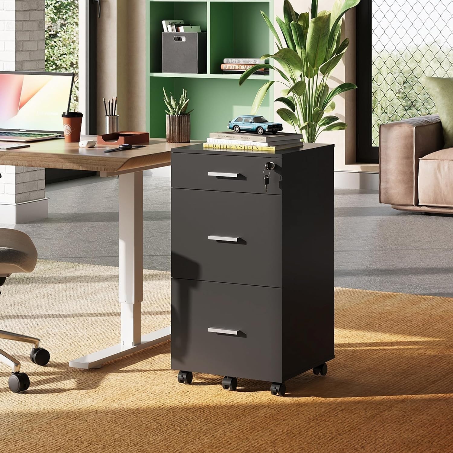 Black 3 Drawer Lockable Filing Cabinet with Wheels A4 Storage Office Drawer Unit