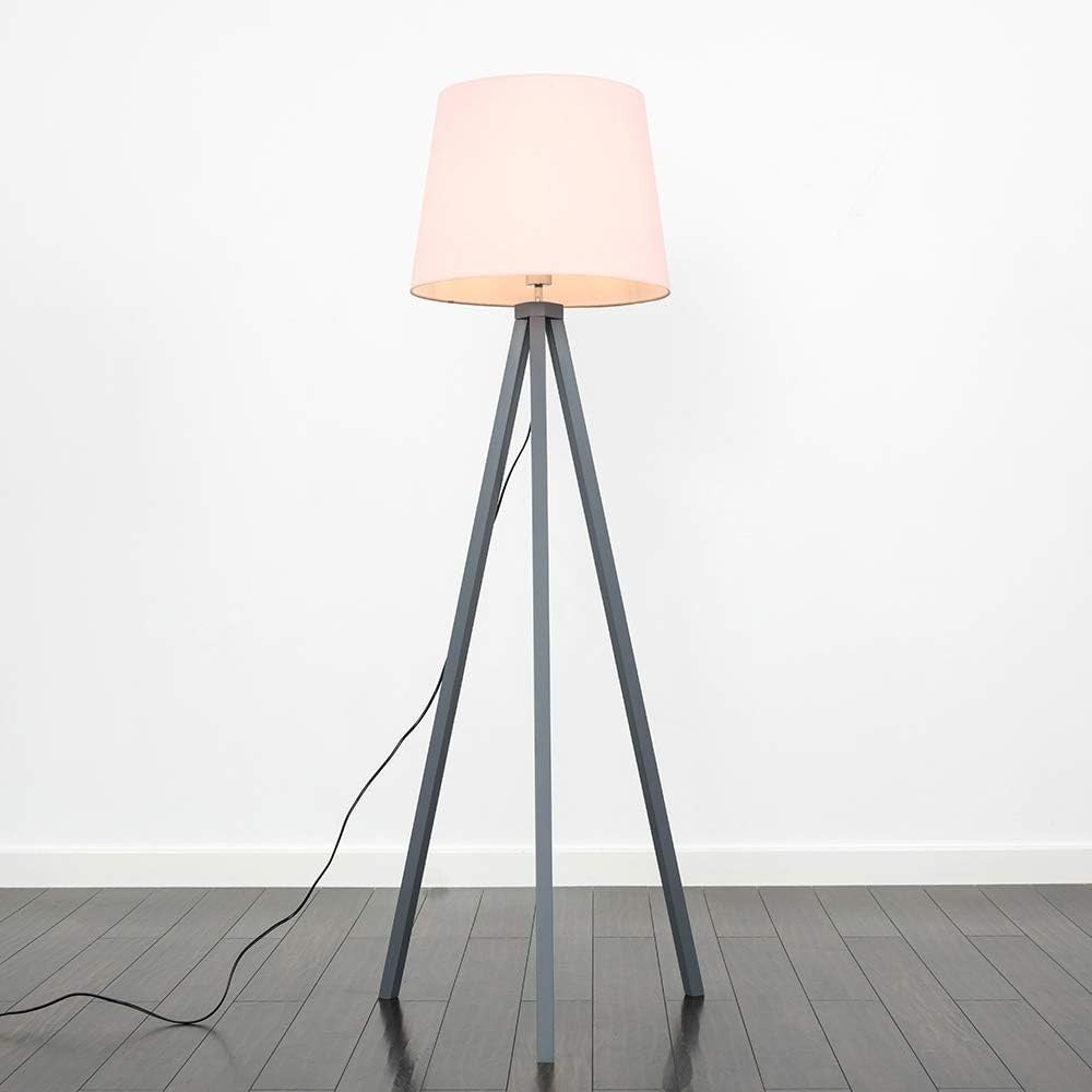 Grey Wooden Tripod Floor Lamp Pink Tapered Shade Living Room Light