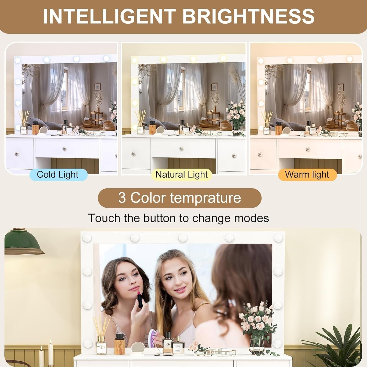 White Vanity Makeup Dresser Table 7 Drawers Large Mirror 3-Color LED Light Stool