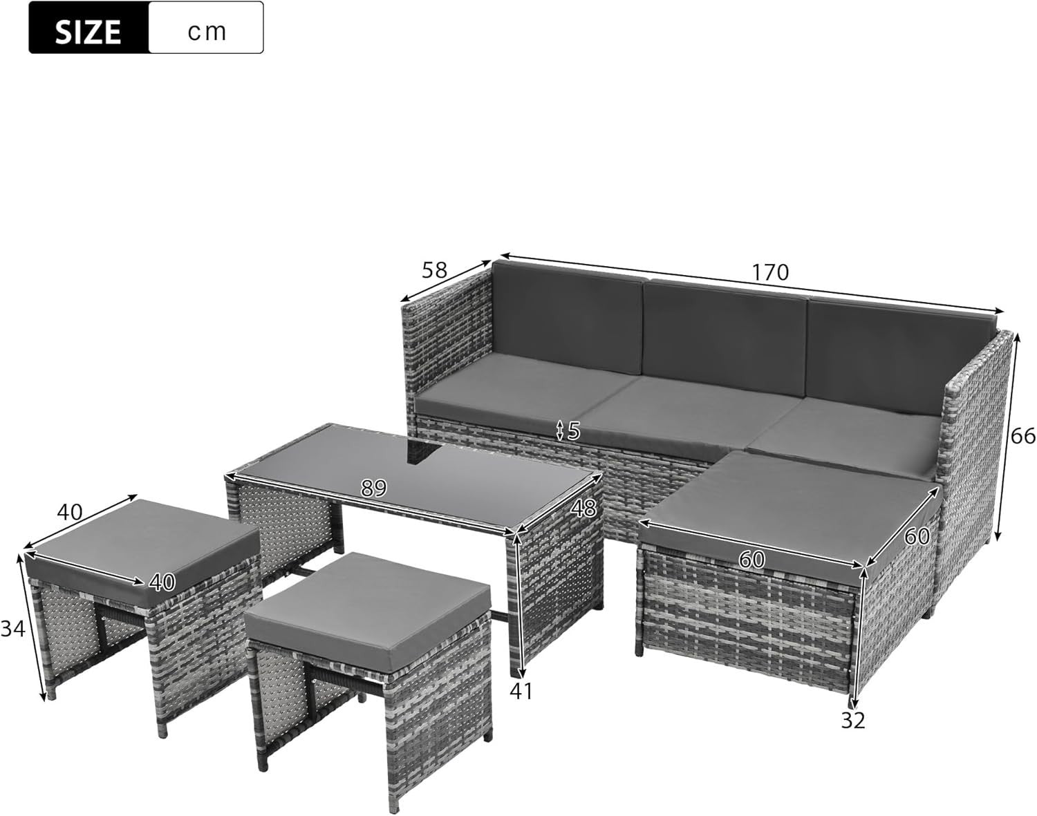 Grey 6-Seater Rattan Outdoor Corner Sofa Set with Cushions, Coffee Table & Stool