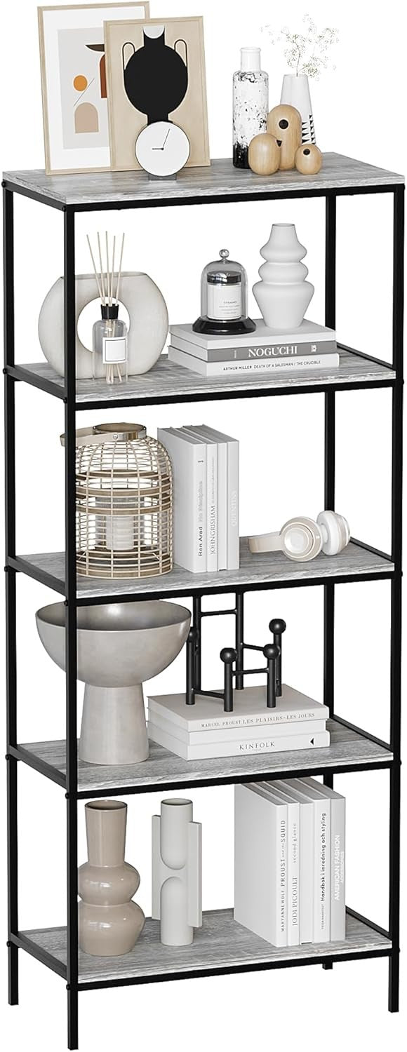 5-Tier Industrial Bookcase Black Metal Frame Wooden Shelving Display Unit