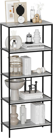 5-Tier Industrial Bookcase Black Metal Frame Wooden Shelving Display Unit