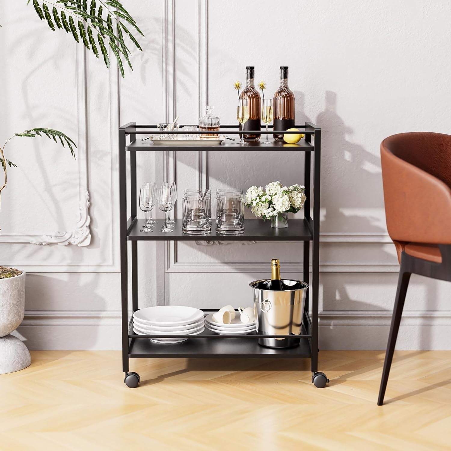 64x40x85cm Black Bar Cart 3 Tier Rolling Drinks Trolley