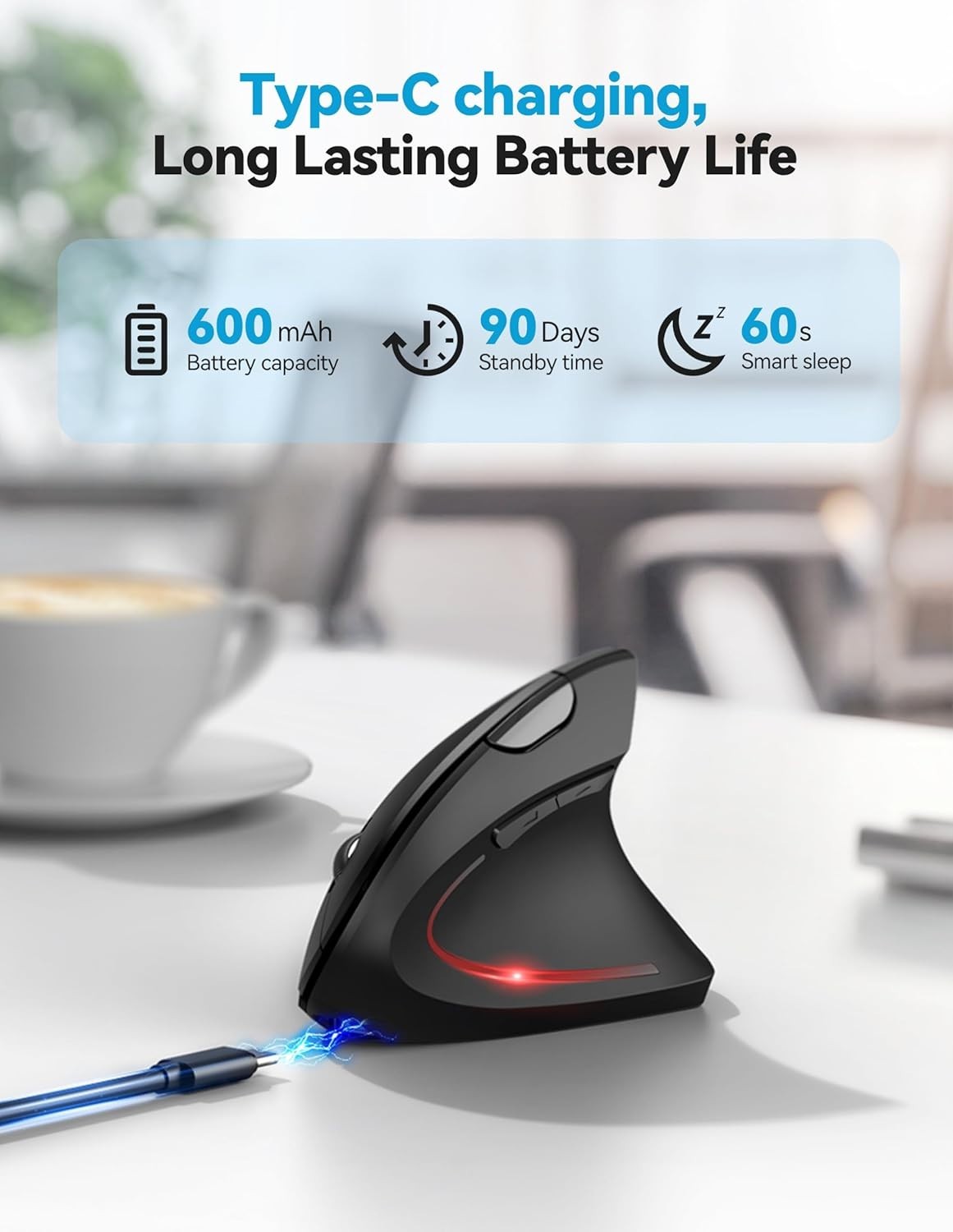 Vertical Ergonomic Bluetooth Mouse 4800 DPI Rechargeable 6-Button