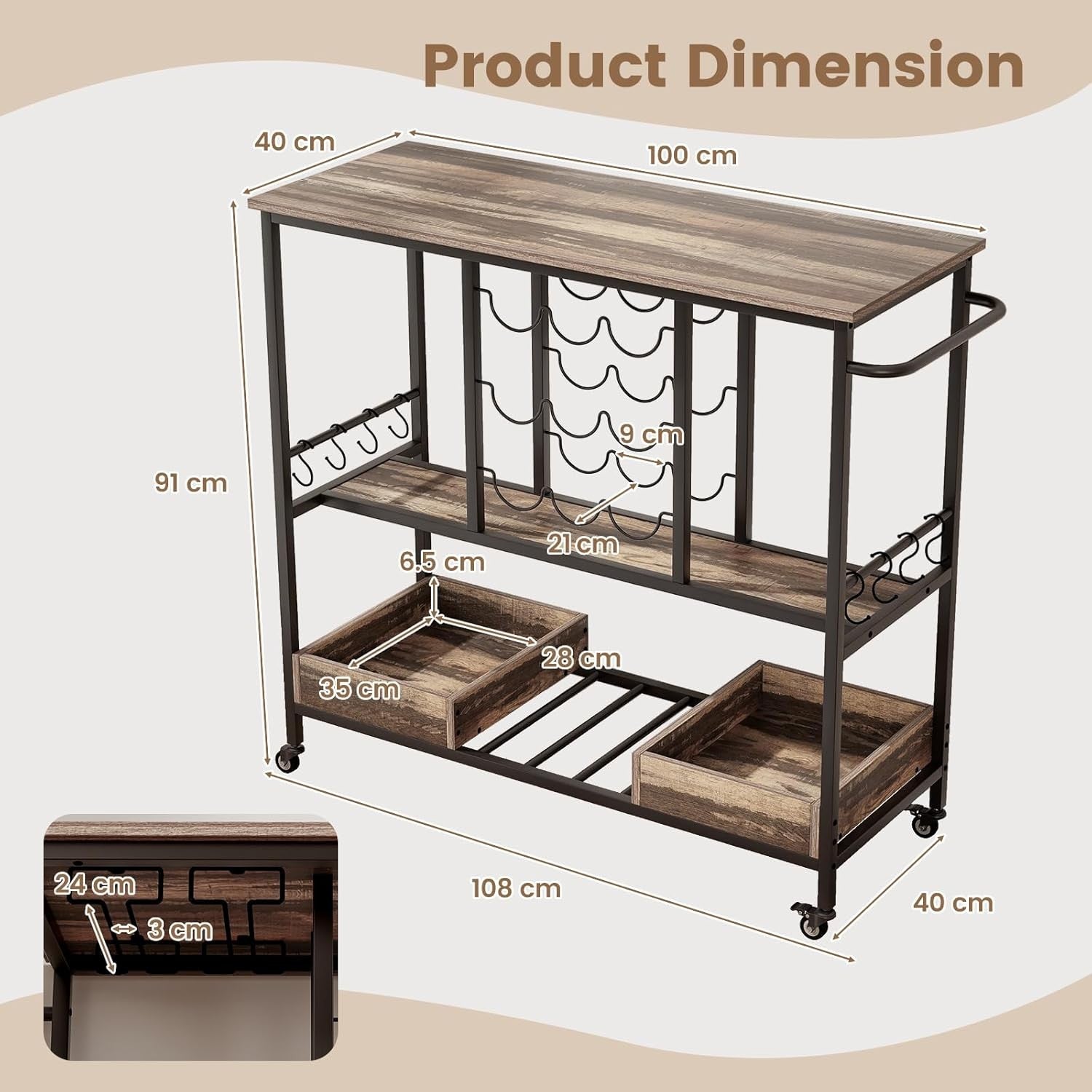 Kitchen Serving Trolley Bar Cart Wine Rack Glass Holder Lockable Wheels