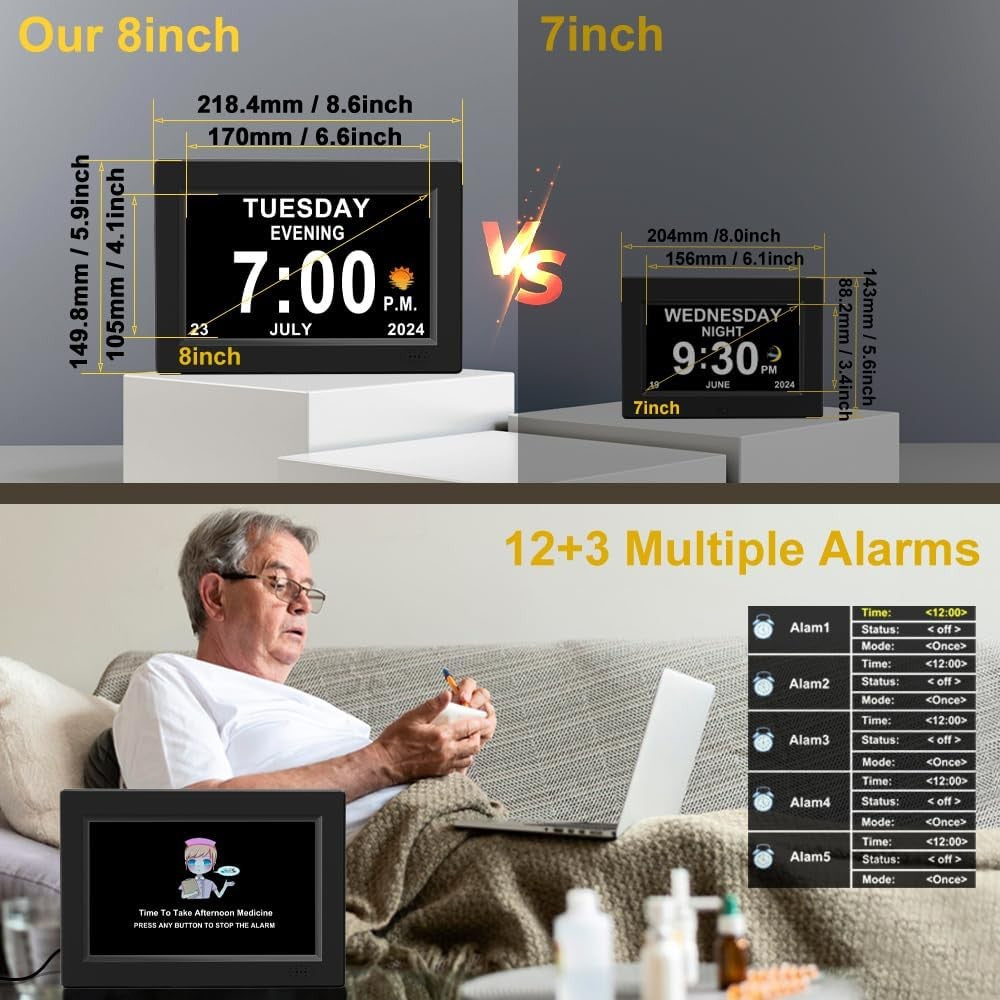 8” Dementia Digital Clock Large Day Display Auto Dimming Elderly