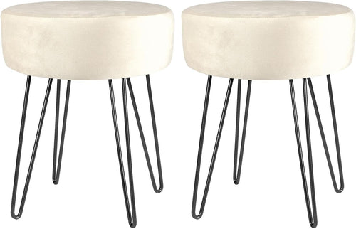 Set of 2 Cream Velvet Footstools Black Legs Modern Round Pouffe Seats