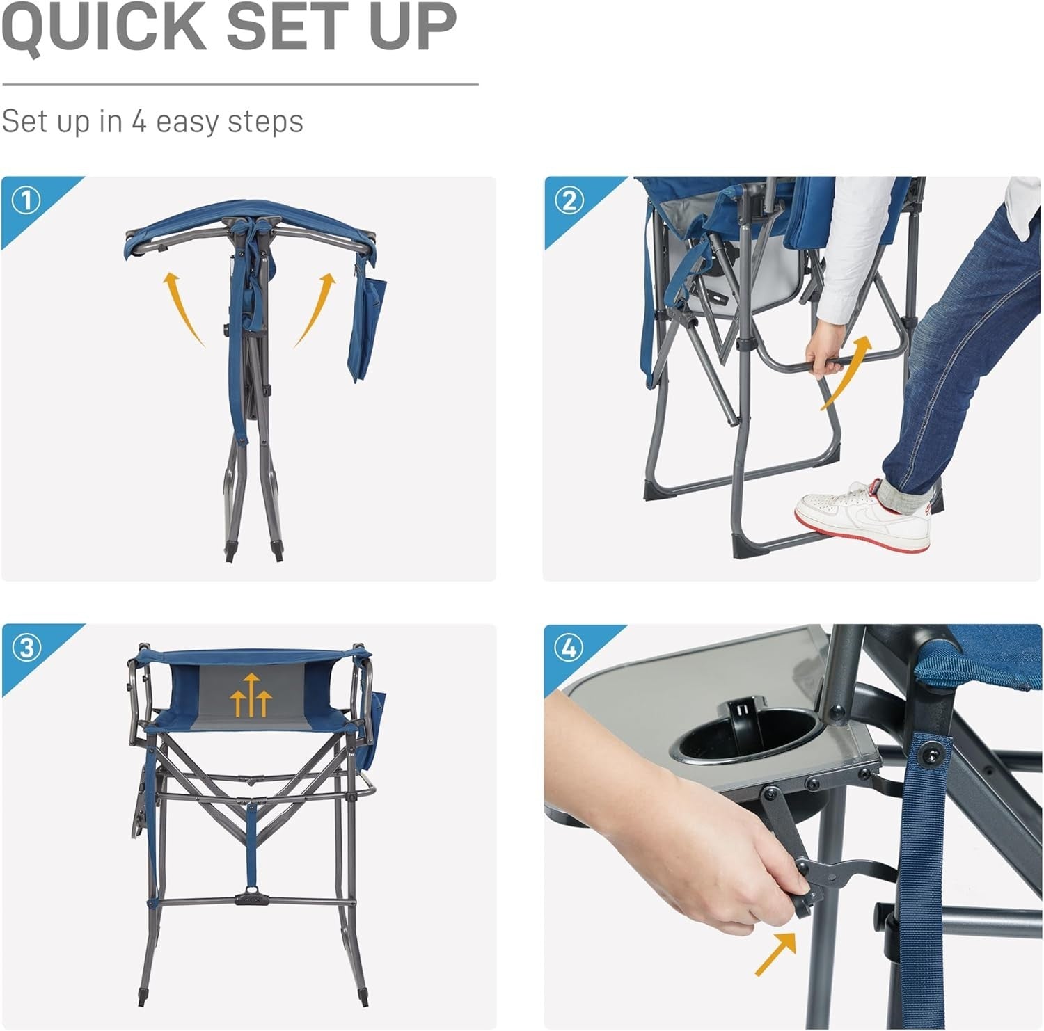 Tall Folding Directors Chair 76CM Seat Height w/ Side Table Camping Bar