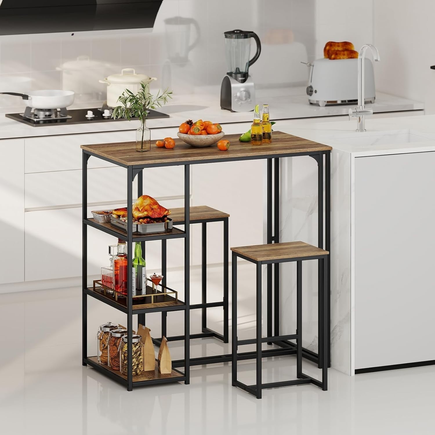 3-Piece Bar Table Set Shelves, Space-Saving Breakfast Dining Set – Coffee Black