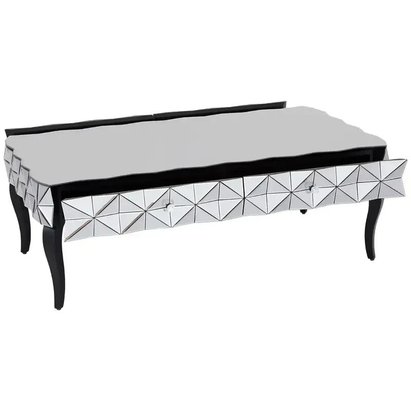 Luxury Mirrored 3D Glass Coffee Table – Silver Top with Black Wood Legs