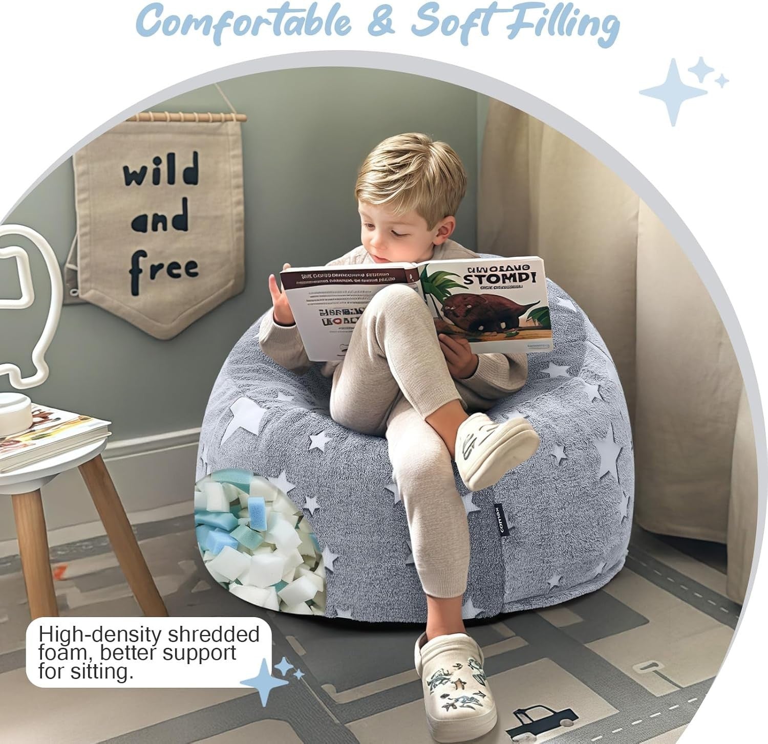 Kids Bean Bag Chair - Glow in the Dark, Soft, Comfortable, 70x70x52cm