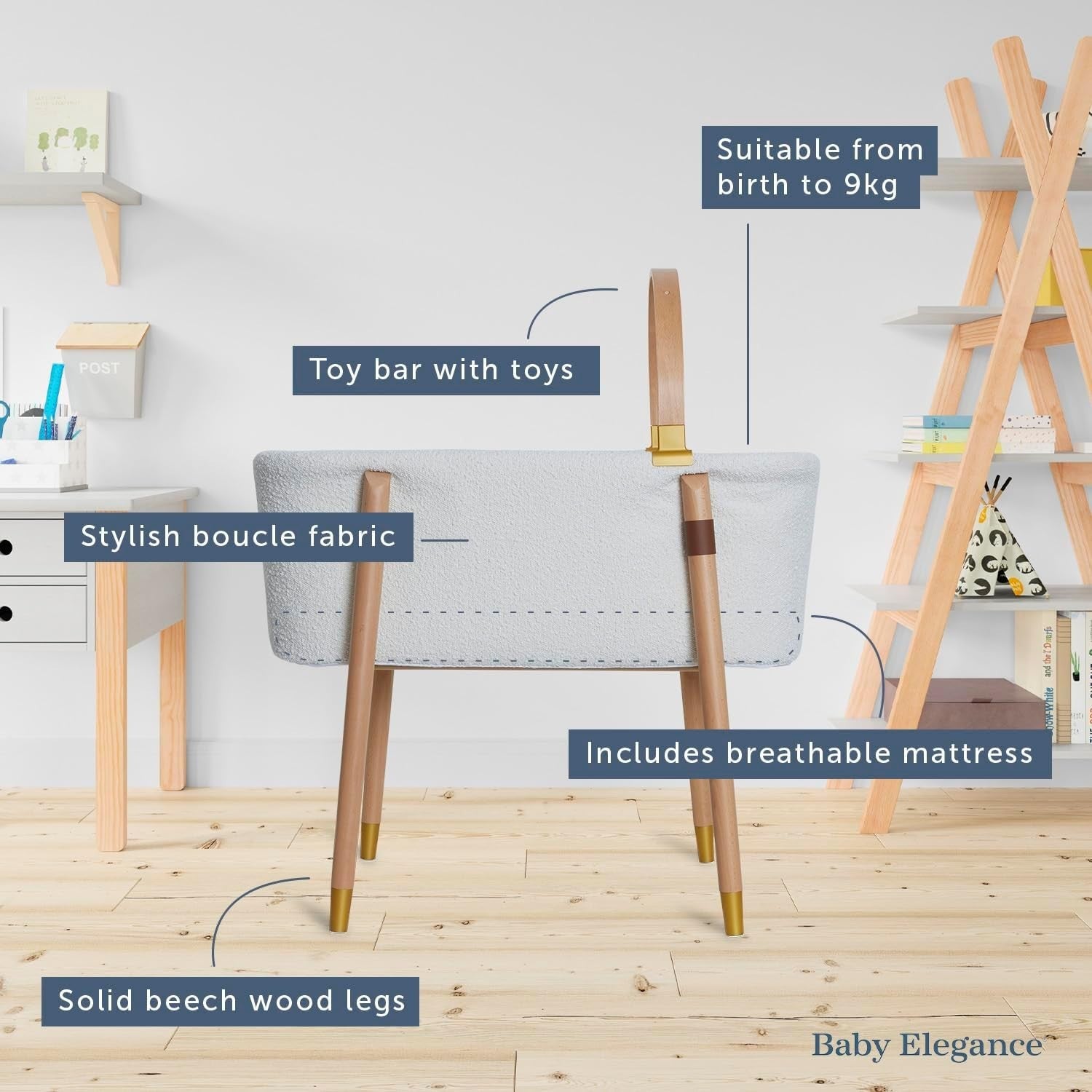Luxury Baby Bassinet Wooden Crib with Breathable Mattress & Toy Bar