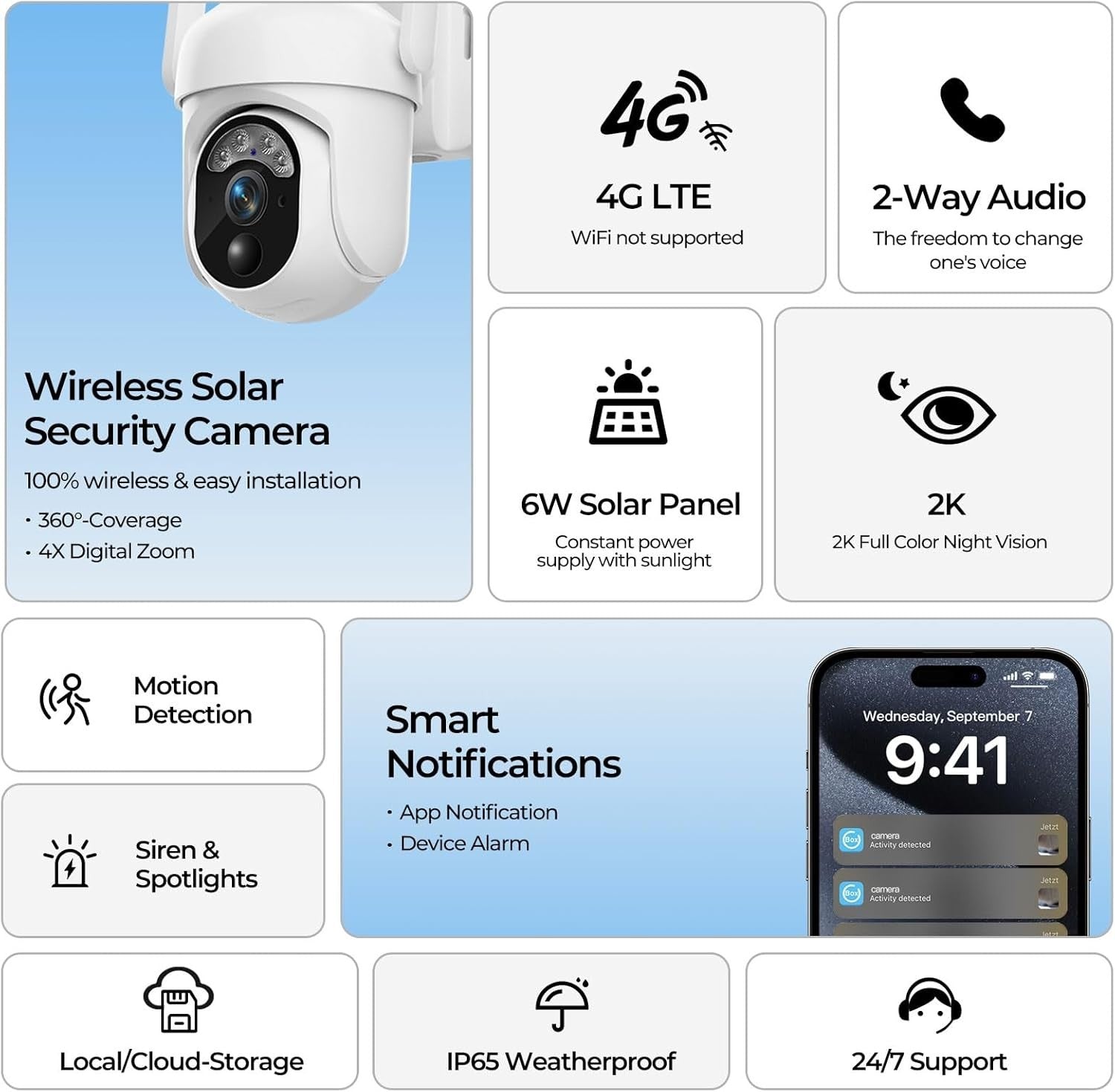 4G LTE Solar Security Camera 2K PTZ Wireless Outdoor SIM Card
