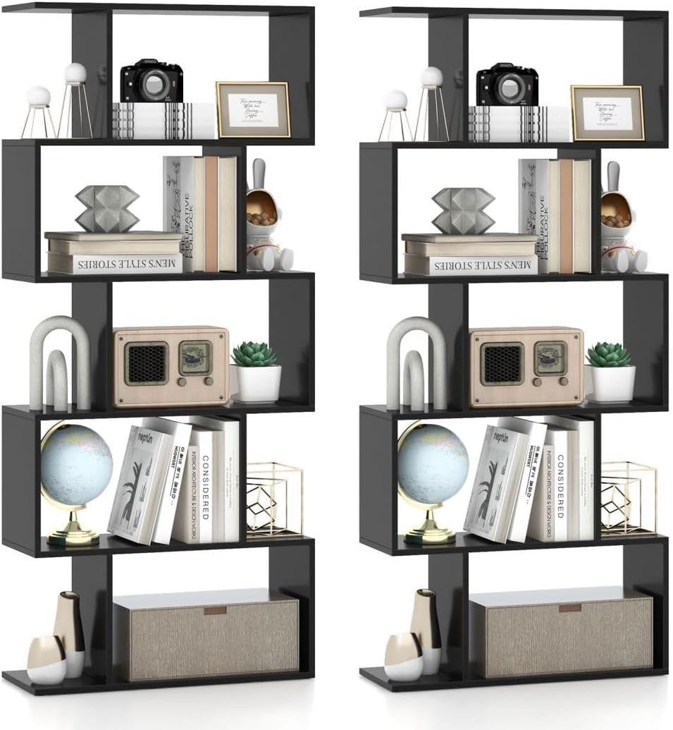 Modern S-Shaped 5/6 Tier Bookcase Elegant Display Shelf Storage Unit Black