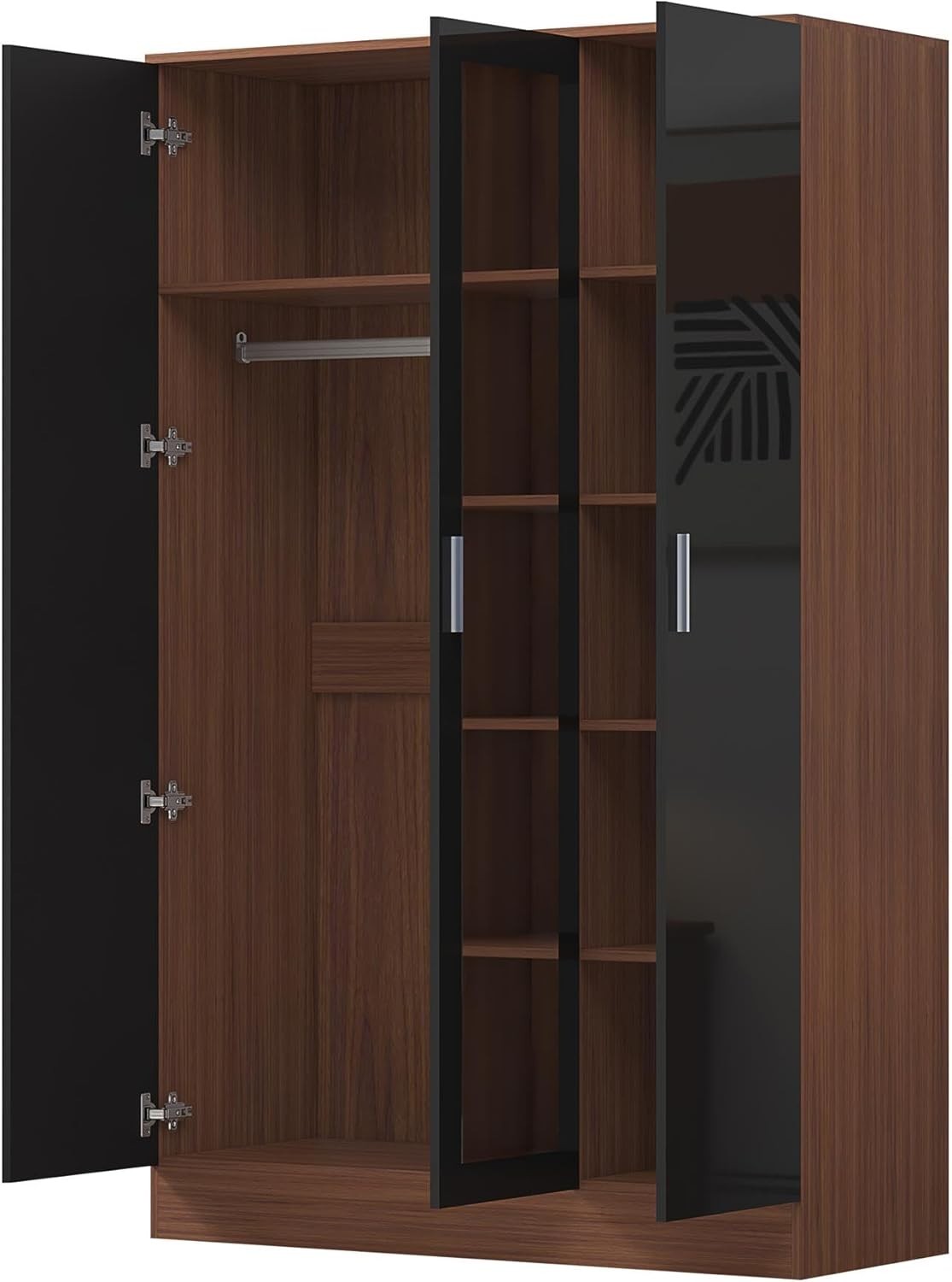 3 Door Mirrored Wardrobe Black Gloss & Walnut with Shelves & Hanging Rail