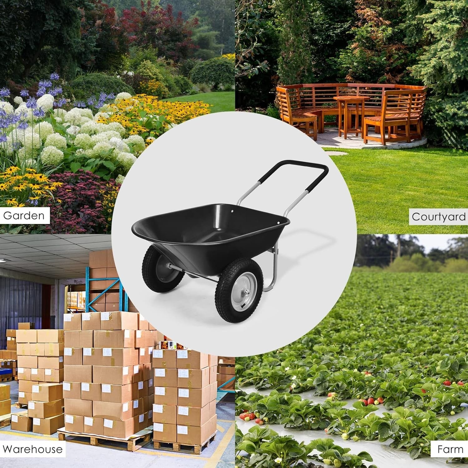 150kg 2-Wheel Garden Black Wheelbarrow – Pneumatic Tyres Heavy Duty Steel Frame
