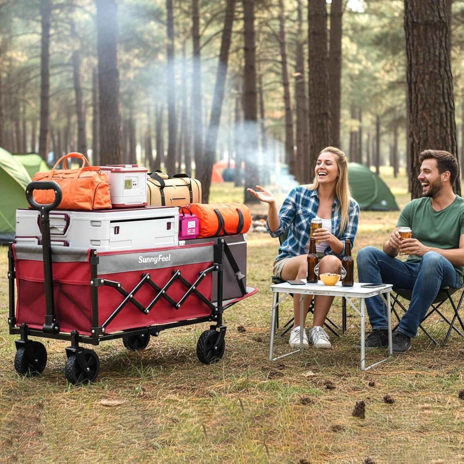 Compact Lightweight Utility Wagon Foldable Cart with Rear Door Red
