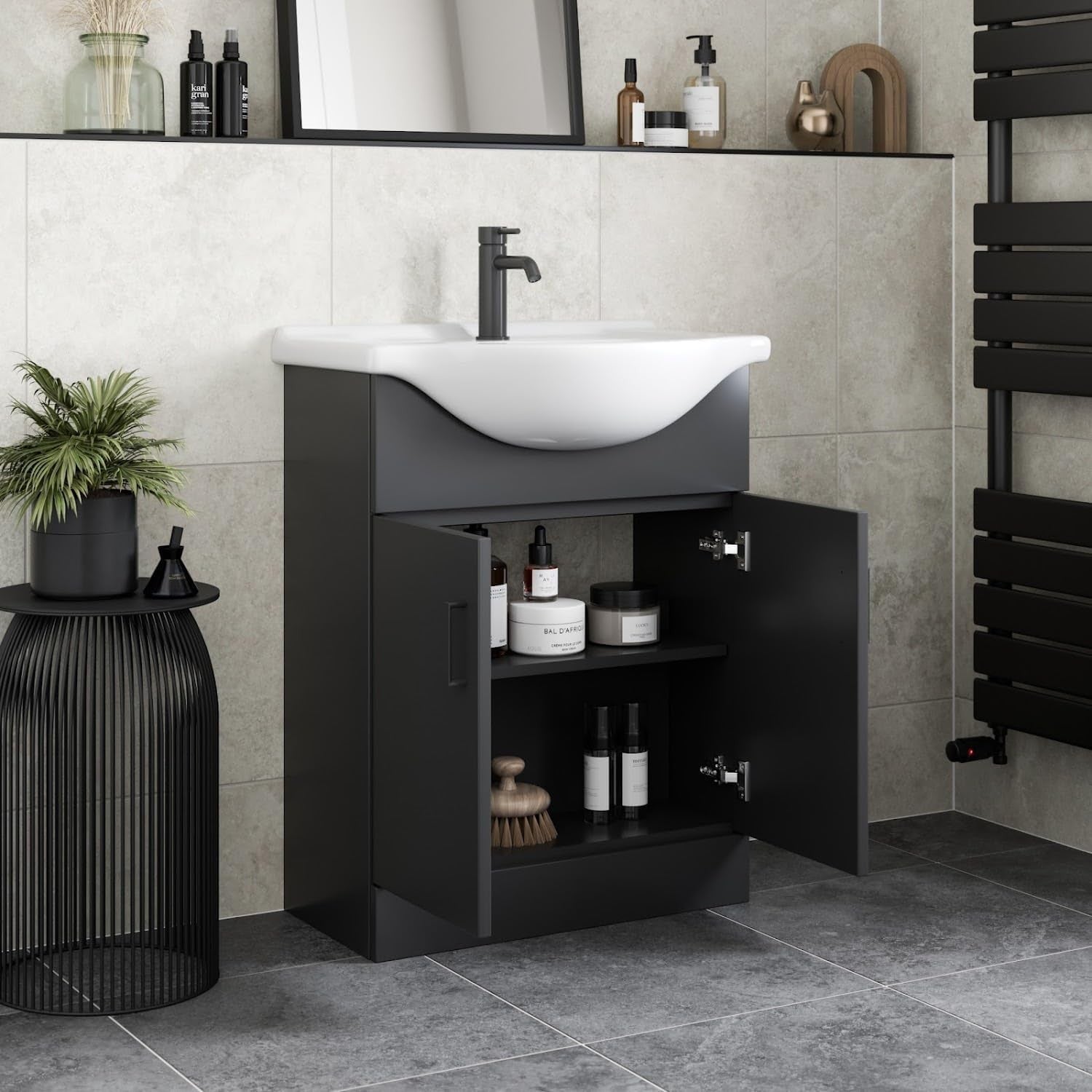 650mm Matt Black Vanity Sink Unit – Bathroom Basin Cabinet with Soft Close Doors