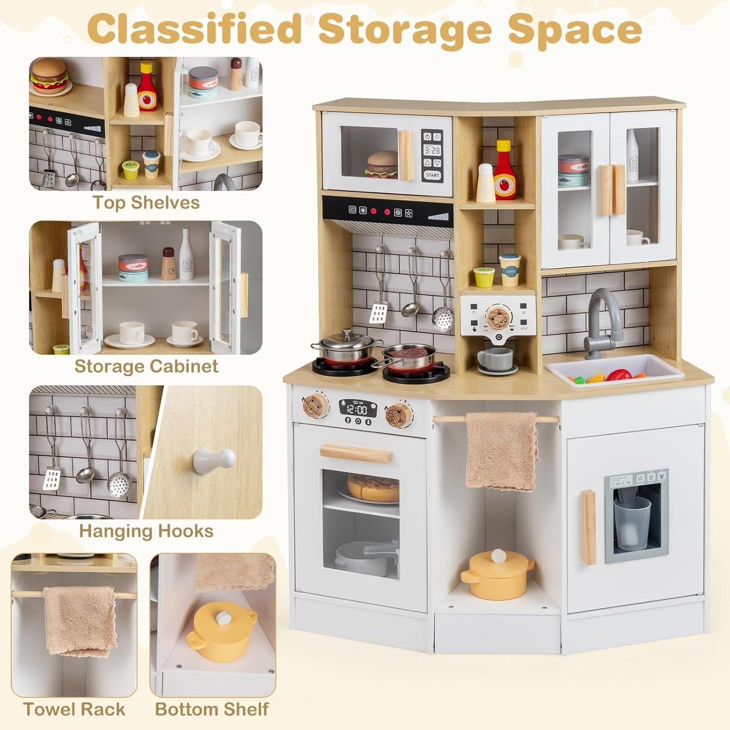 Wooden Kids Play Kitchen Lights Sounds Coffee Maker Ice Machine