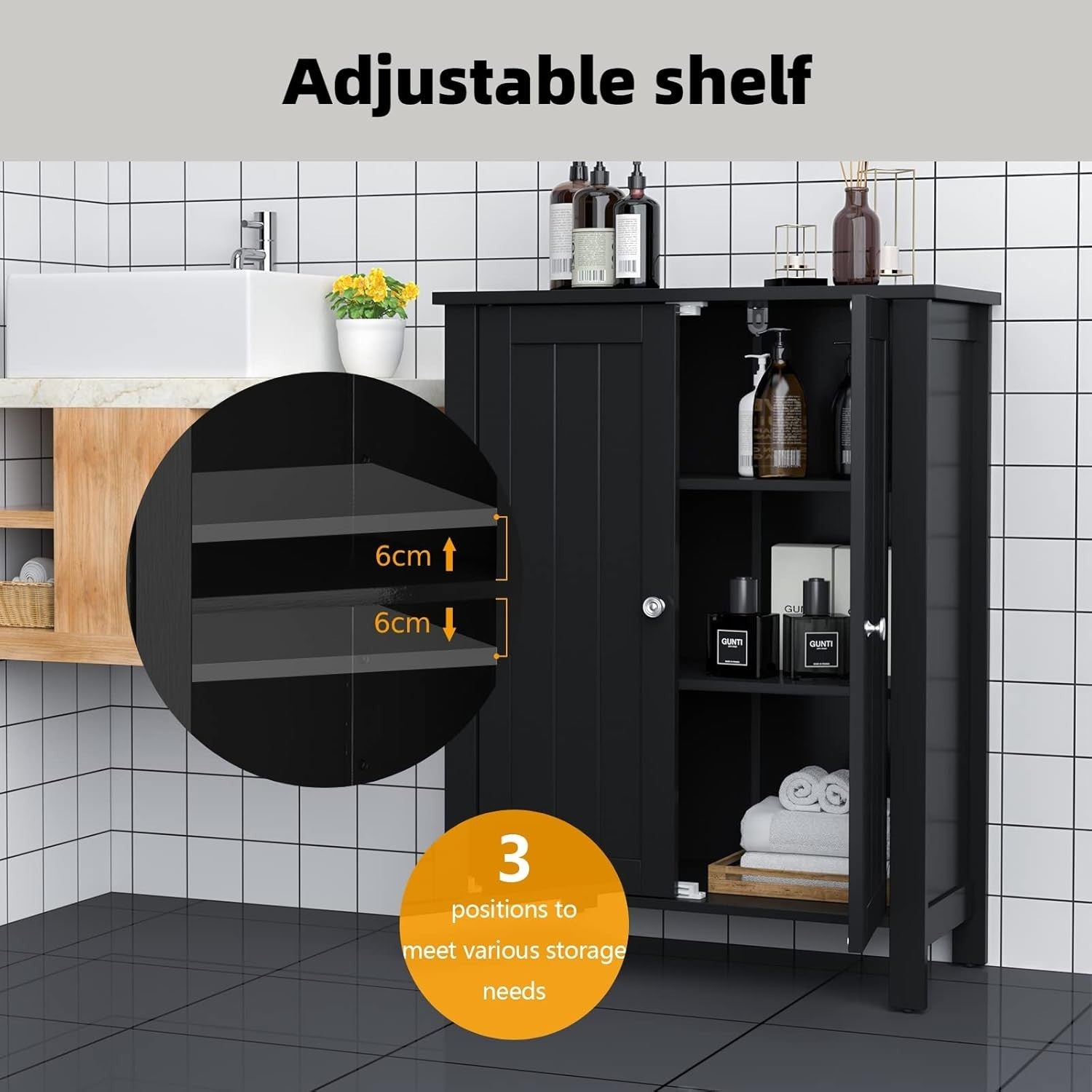 Adjustable Bathroom Floor Cabinet 3-Shelf Storage Organizer 60x30x80cm Black