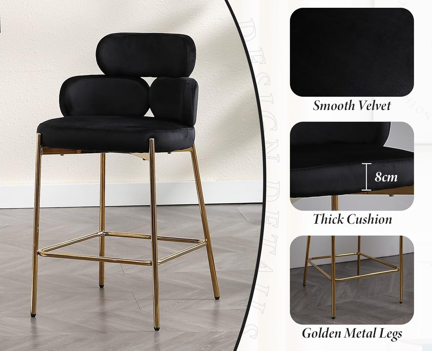 Modern Bar Stools 2pcs black Velvet Counter Kitchen Chairs